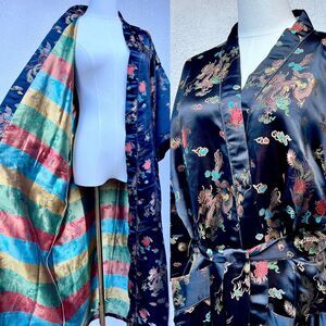 Vintage Double Peach 100% Silk Brocade Chinese Robe Dragon & Phoenix Motif (S/M)